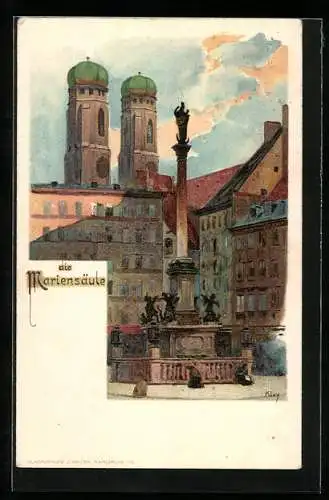 Künstler-AK Heinrich Kley: München, Mariensäule, Türme der Frauenkirche im Hintergrund