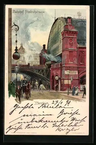 Künstler-AK Heinrich Kley: Berlin, Bahnhof Friedrichstrasse mit einfahrendem Zug