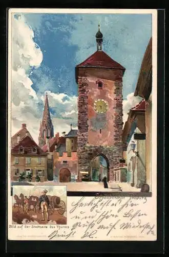 Künstler-Lithographie Heinrich Kley: Freiburg, Motiv vom Schwabenthor und Blick auf der Stadtseite des Thurms
