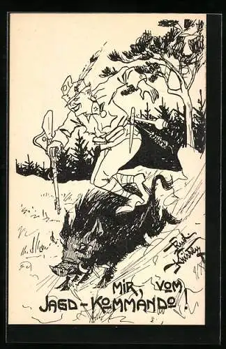 Künstler-AK Rud. Kristen: Jägerin springt einem Wildschwein hinterher