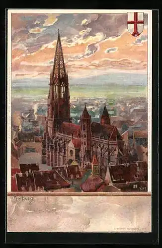 Künstler-AK Heinrich Kley: Freiburg, Blick auf den Dom, Wappen