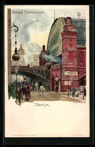 Künstler-AK Heinrich Kley: Berlin, Bahnhof Friedrichstrasse mit einfahrendem Zug