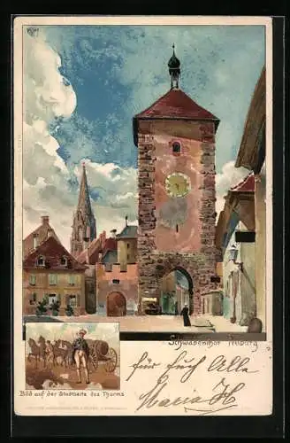 Künstler-Lithographie Heinrich Kley: Freiburg, Motiv vom Schwabenthor und Blick auf der Stadtseite des Thurms