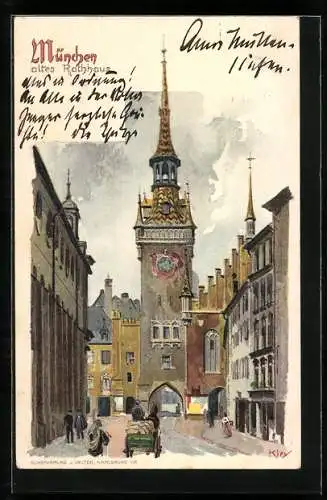 Künstler-AK Heinrich Kley: München, Altes Rathaus, Leute