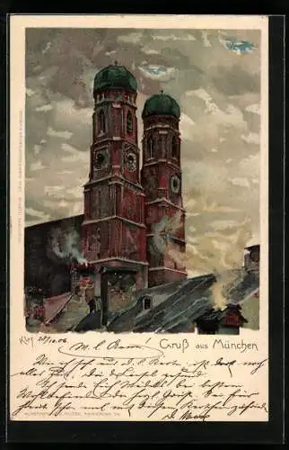 Künstler-AK Heinrich Kley: München, Blick zu den Frauentürmen