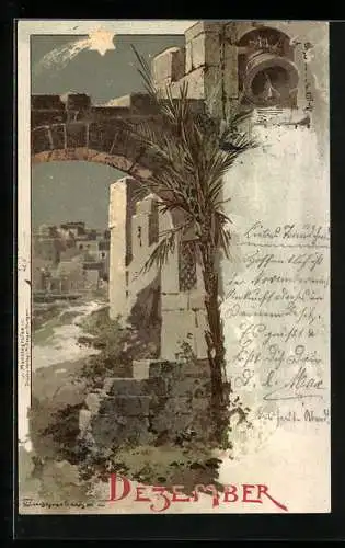 Künstler-AK T.Guggenberger: Allegorie, Palme steht an einer Mauer im Dezember