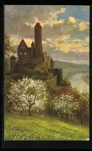 Künstler-AK Heinrich Hoffmann: Neckarzimmern, Blick zuur Burg Hornberg am Neckar