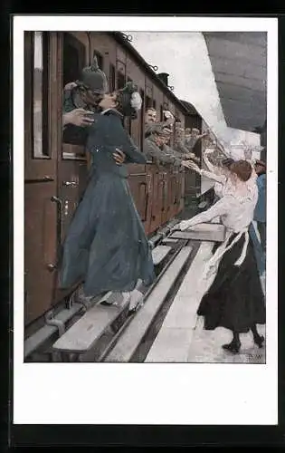 Künstler-AK Brynolf Wennerberg: Frau küsst Soldaten am Zug