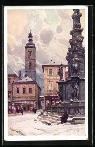 Künstler-AK Kuttenberg / Kutna Hora, Ortspartie mit Säule im Winter