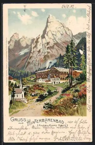Lithographie Hinterbärenbad, Blick zum Ortsrand mit Kirche, Berge