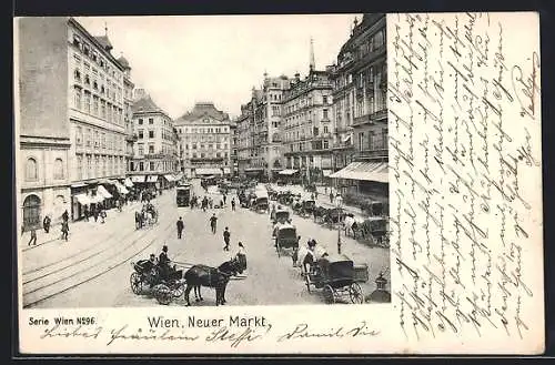 AK Wien, Neuer Markt aus der Vogelschau, Kutschen, Strassenbahnen