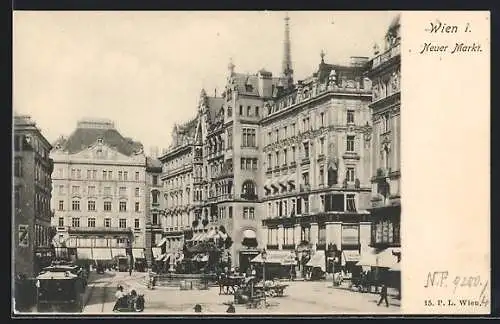 AK Wien, Neuer Markt, mit Strassenbahn und Brunnen