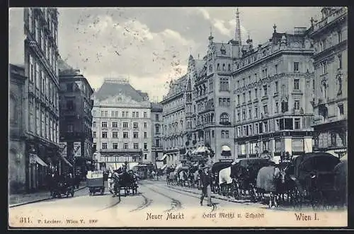 AK Wien, Neuer Markt mit Hotel Meissl & Schadn und Kutschen