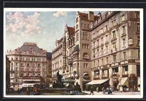 Künstler-AK Wien, Neuer Markt und Donnerbrunnen, Hotel Meissl & Schadn