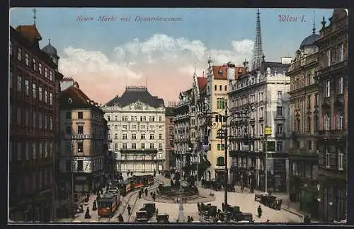 AK Wien, Neuer Markt mit Donnerbrunnen und Strassenbahnen