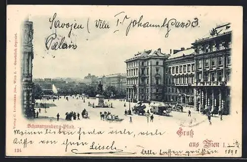 AK Wien, Schwarzenberg-Platz mit Denkmal und Strassenbahn