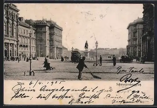 AK Wien, Partie am Schwarzenbergplatz, Strassenbahn, Strassenfeger