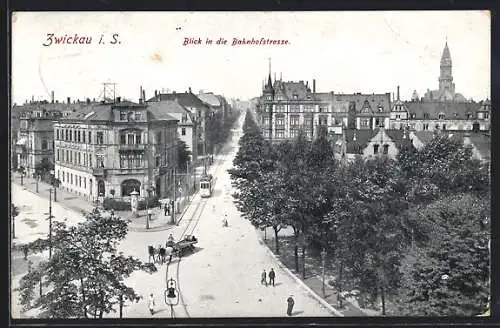 AK Zwickau, Blick in die Bahnhofstrasse, Strassenbahn