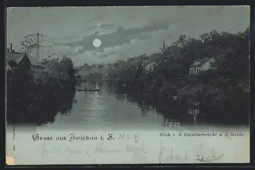 Mondschein-AK Zwickau i. S., Blick von der Paradiesbrücke a. d. Mulde