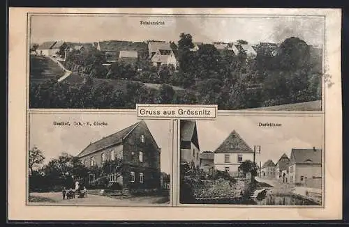 AK Grössnitz, Totalansicht, Gasthof von E. Glocke, Dorfstrasse