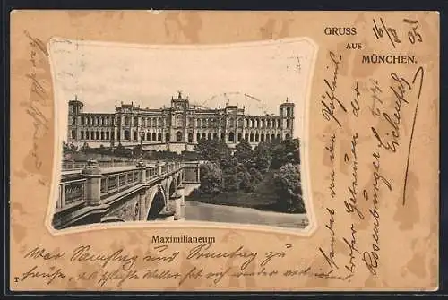 AK München, Maximilianeum mit Flusspartie