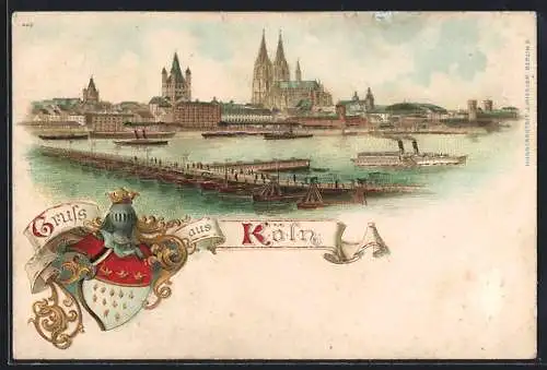 Lithographie Köln, Rheinpartie mit Dampfer, Wappen, Blick zum Ort