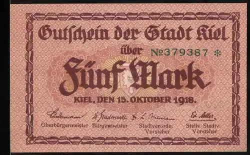 Notgeld Kiel 1918, fünf Mark, Gutschein der Stadt Kiel mit Stadtansicht und Text