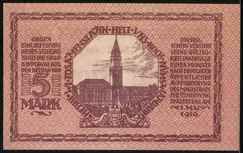 Notgeld Kiel 1918, fünf Mark, Gutschein der Stadt Kiel mit Stadtansicht und Text