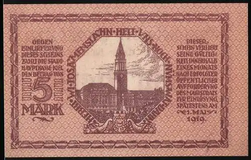 Notgeld Kiel, 1918, 5 Mark, Gutschein der Stadt Kiel, Rathaus und St. Nikolai Kirche