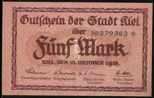 Notgeld Kiel, 1918, Fünf Mark, Gutschein der Stadt Kiel mit Stadthausabbildung und Gültigkeitsvermerk