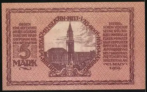 Notgeld Kiel, 1918, Fünf Mark, Gutschein der Stadt Kiel mit Stadthausabbildung und Gültigkeitsvermerk