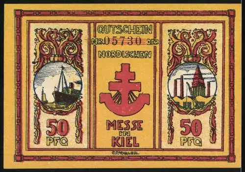 Notgeld Kiel, 1921, 50 Pfennig, Nordische Messe, Arbeiter und Schiffsmotive