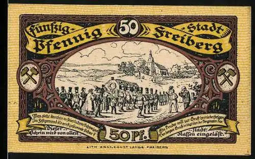 Notgeld Freiberg, 1921, 50 Pfennig, Bergmänner-Prozession und Stadtansicht im Hintergrund