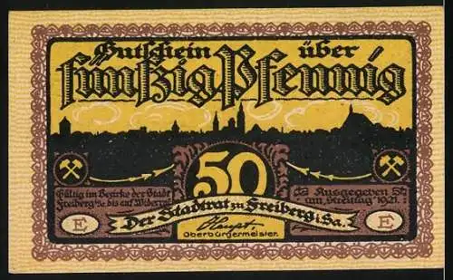 Notgeld Freiberg, 1921, 50 Pfennig, Bergmänner-Prozession und Stadtansicht im Hintergrund