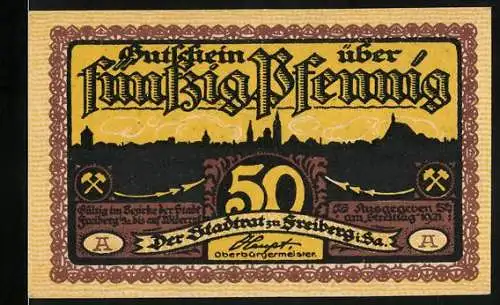Notgeld Freiberg, 1921, 50 Pfennig, Stadtansicht und Bergarbeiter-Szenen