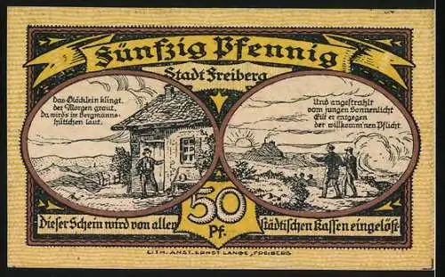 Notgeld Freiberg, 1921, 50 Pfennig, Stadtansicht und Bergarbeiter-Szenen