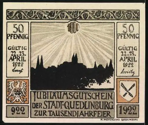 Notgeld Quedlinburg, 1922, 50 Pfennig, Jubiläumsgutschein der Stadt Quedlinburg zur Tausendjahrfeier