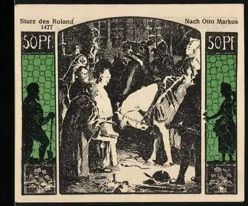 Notgeld Quedlinburg 1922, 50 Pfennig, Sturz des Roland 1477 und Jubiläumsgutschein zur Tausendjahrfeier