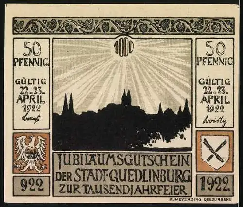 Notgeld Quedlinburg 1922, 50 Pfennig, Sturz des Roland 1477 und Jubiläumsgutschein zur Tausendjahrfeier