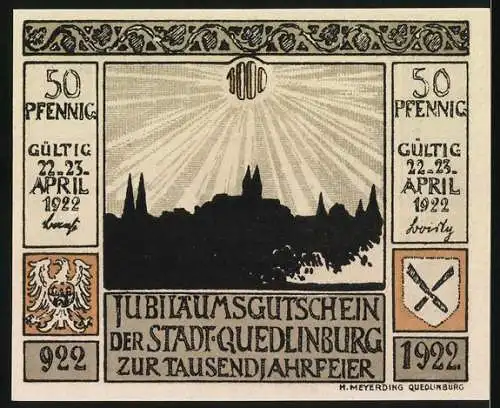 Notgeld Quedlinburg 1922, 50 Pfennig, Einführung der Reformation und Jubiläumsgutschein zur Tausendjahrfeier