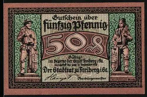 Notgeld Freiberg 1920, 50 Pfennig, beidseitig mit historischen Figuren und Bergmann mit Erzloren