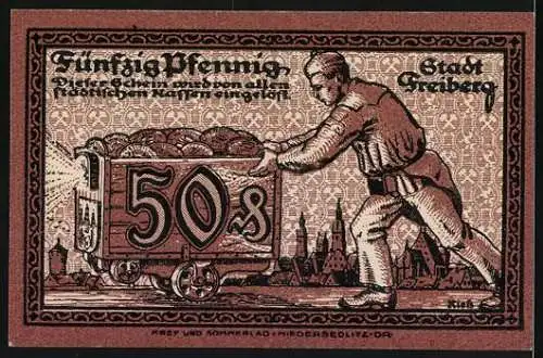 Notgeld Freiberg 1920, 50 Pfennig, beidseitig mit historischen Figuren und Bergmann mit Erzloren