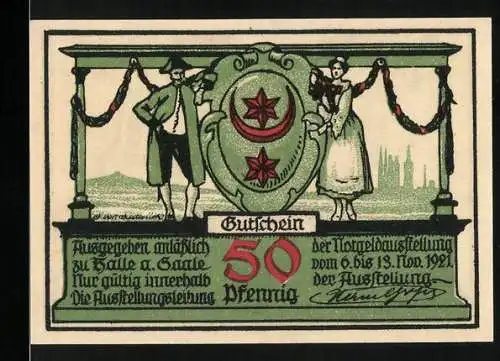 Notgeld Halle a. Saale 1921, 50 Pfennig, Ausstellungsgelände und Hallunken Illustration