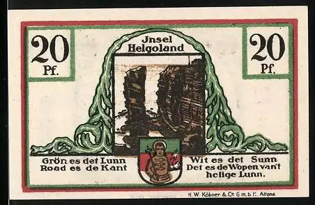 Notgeld Helgoland, 1919, 20 Pf, Gutschein der Spar- und Leihkasse der Landgemeinde Helgoland, Inselmotiv und Wappen