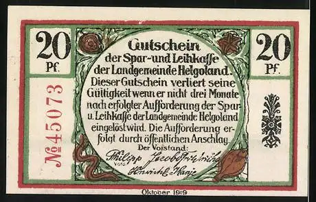 Notgeld Helgoland, 1919, 20 Pf, Gutschein der Spar- und Leihkasse der Landgemeinde Helgoland, Inselmotiv und Wappen