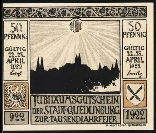 Notgeld Quedlinburg 1922, 50 Pfennig, Jubiläumsgutschein zur Tausendjahrfeier mit Abbildung der Silhouette und Gefangen