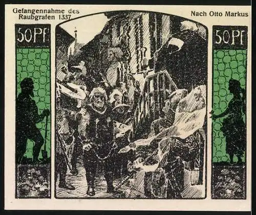 Notgeld Quedlinburg 1922, 50 Pfennig, Jubiläumsgutschein zur Tausendjahrfeier mit Abbildung der Silhouette und Gefangen