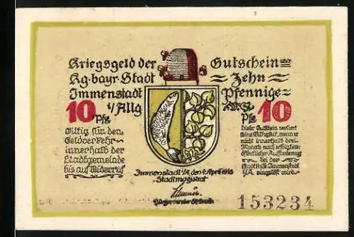 Notgeld Immenstadt 1918, 10 Pfennig, Kriegszeit-Gutschein mit Stadtwappen und Arbeiter-Motiv