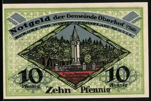 Notgeld Oberhof 1919, 10 Pfennig, Vorderseite: Denkmal, Rückseite: Einlösung innerhalb eines Jahres, Seriennummer 2616