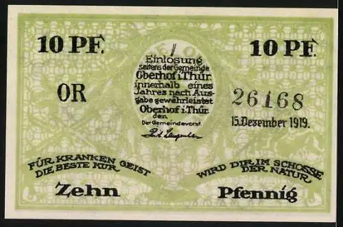 Notgeld Oberhof 1919, 10 Pfennig, Vorderseite: Denkmal, Rückseite: Einlösung innerhalb eines Jahres, Seriennummer 2616